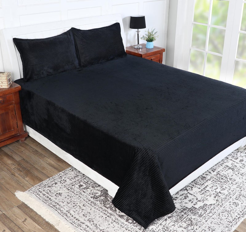 RD TREND 190 GSM Flannel Warm Bedsheets for Winter Double Flat Size (90 x 100 Inches) with 2 Pillow Cover Size (18x28 Inches) Color-Black, Striped - Image 1