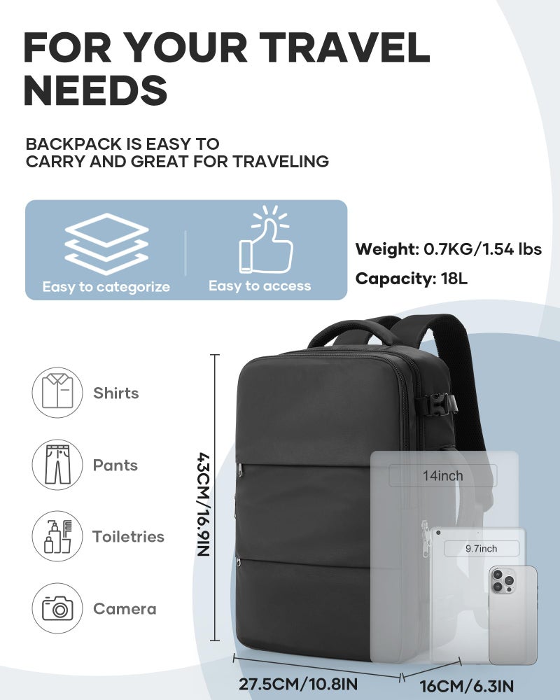 bergsalz Black Small Travel Laptop Backpack For Women Men,Carry On Backpack,Airplane Travel Essentials For Women,Personal Item Travel Bag Laptop Work Backpacks - Image 2