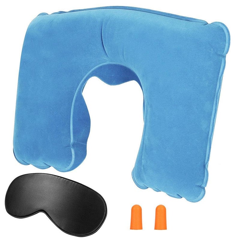 Inflatable Neck Travel Pillow for Head and Neck - Portable Washable Air Travel Kit with Ear Plugs and Eye Mask - Multicolor - Image 3