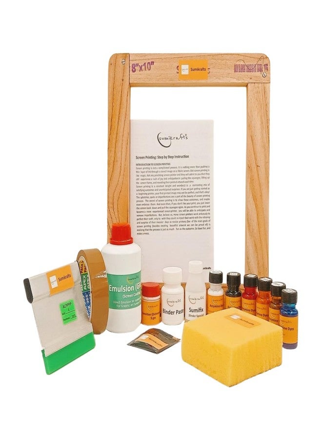 sumikrafts Screen Printing kit for Beginners: 6 Assorted Pigment Dyes+ Screen Printing Wooden Frame Small 8"x10" pre Stretched mesh no 16(Option 4) - Image 1