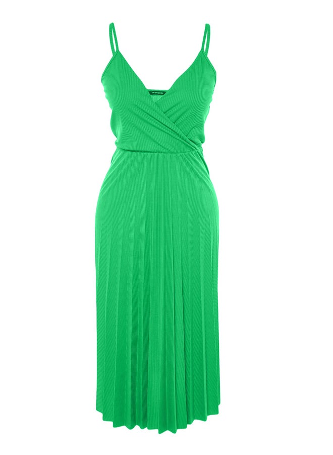 Green Waist Drop/Skater Midi Double Breasted Pleated Adjustable Strap Knit Dress