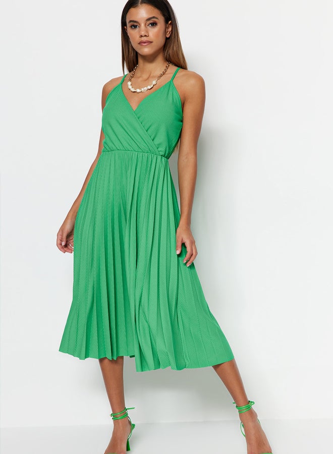 trendyol Green Waist Drop/Skater Midi Double Breasted Pleated Adjustable Strap Knit Dress  - Image 1