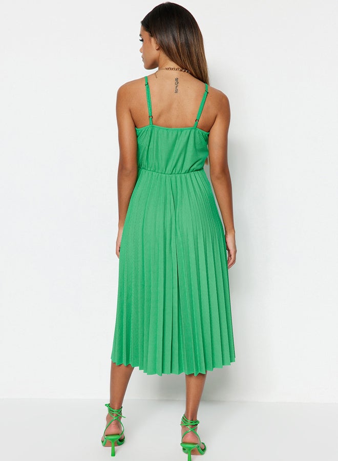 Green Waist Drop/Skater Midi Double Breasted Pleated Adjustable Strap Knit Dress