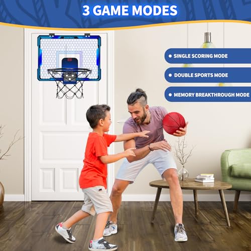 HYES Basketball Hoop Indoor, Mini Basket Ball Hoop with 7 LED Lighting, Scoreboard, Over Door Basketball Hoop with 3 Modes, Volume Adjustable, Foldable, Basketball Toys Gifts for Kids Adults (Blue) - Image 3