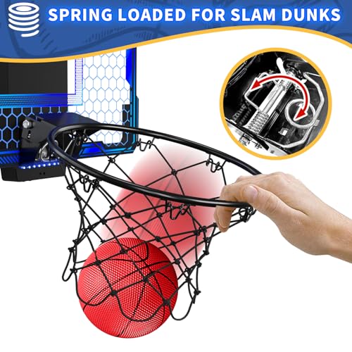 HYES Basketball Hoop Indoor, Mini Basket Ball Hoop with 7 LED Lighting, Scoreboard, Over Door Basketball Hoop with 3 Modes, Volume Adjustable, Foldable, Basketball Toys Gifts for Kids Adults (Blue) - Image 4