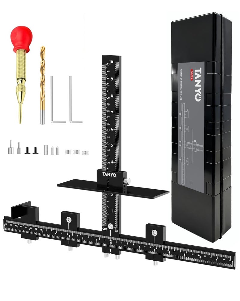 TANYO Cabinet Hardware Jig, Aluminum Cabinet Handle Jig with Center Punch, Accuracy Cabinet Template Tool for Handles Pulls Door Drawer Installation, Woodworking Tools for Professional Carpenters - Image 1