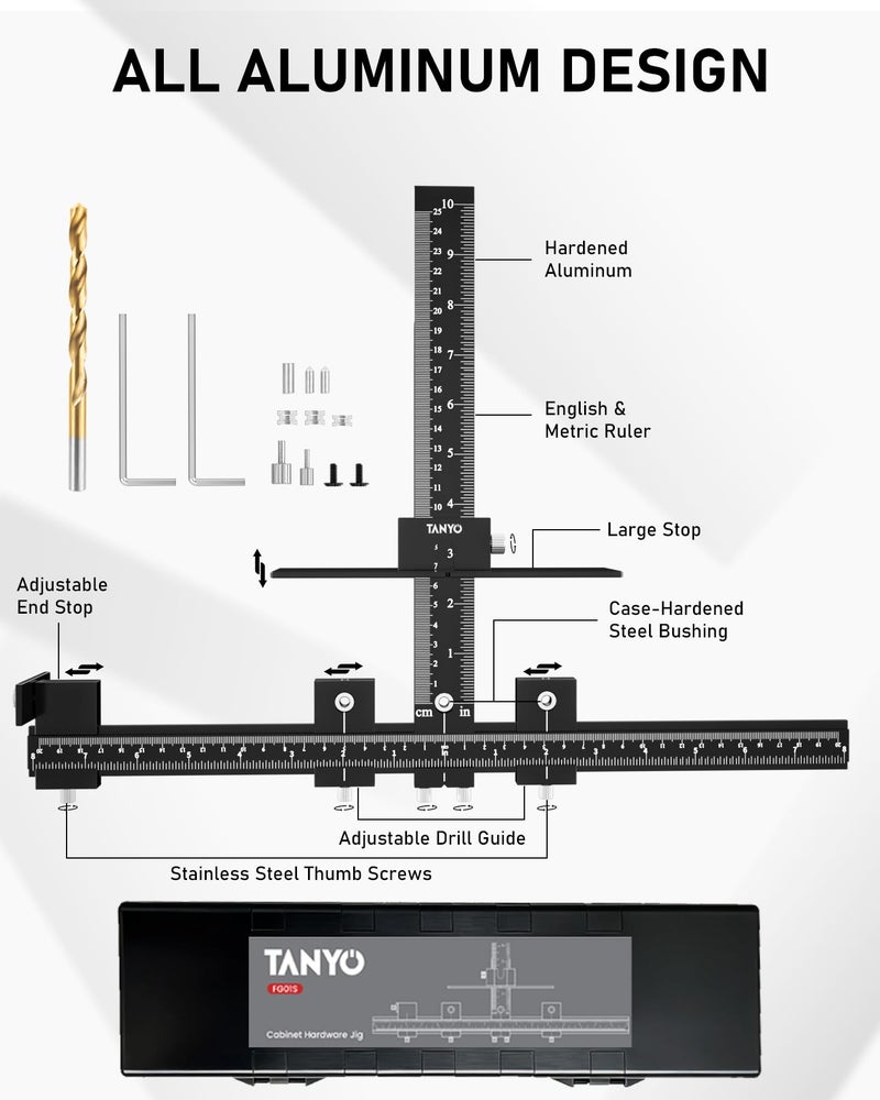TANYO Cabinet Hardware Jig, Aluminum Cabinet Handle Jig with Center Punch, Accuracy Cabinet Template Tool for Handles Pulls Door Drawer Installation, Woodworking Tools for Professional Carpenters - Image 2