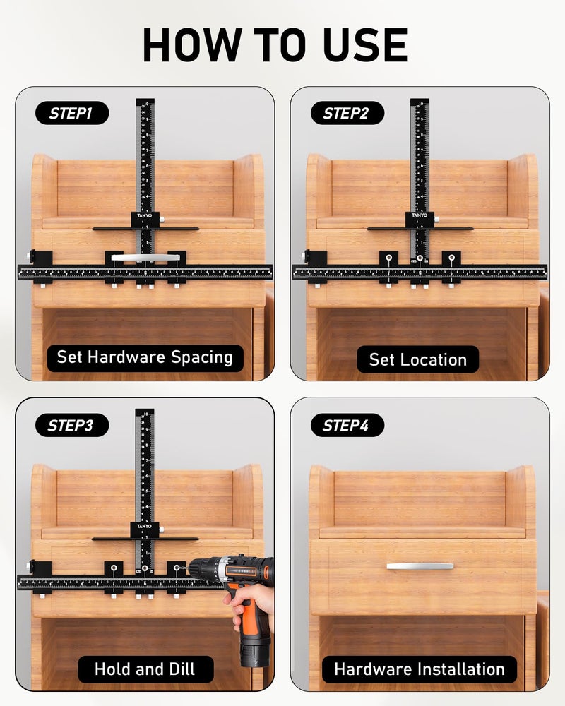 TANYO Cabinet Hardware Jig, Aluminum Cabinet Handle Jig with Center Punch, Accuracy Cabinet Template Tool for Handles Pulls Door Drawer Installation, Woodworking Tools for Professional Carpenters - Image 4