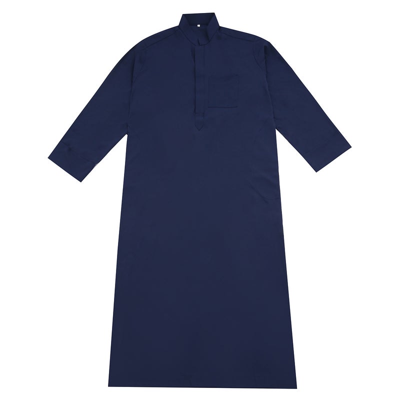 Men's Long Sleeve Stand Collar Ethnic Kurta with Patchwork Design, Lightweight Polyester Cotton Blend Pullover - Image 3