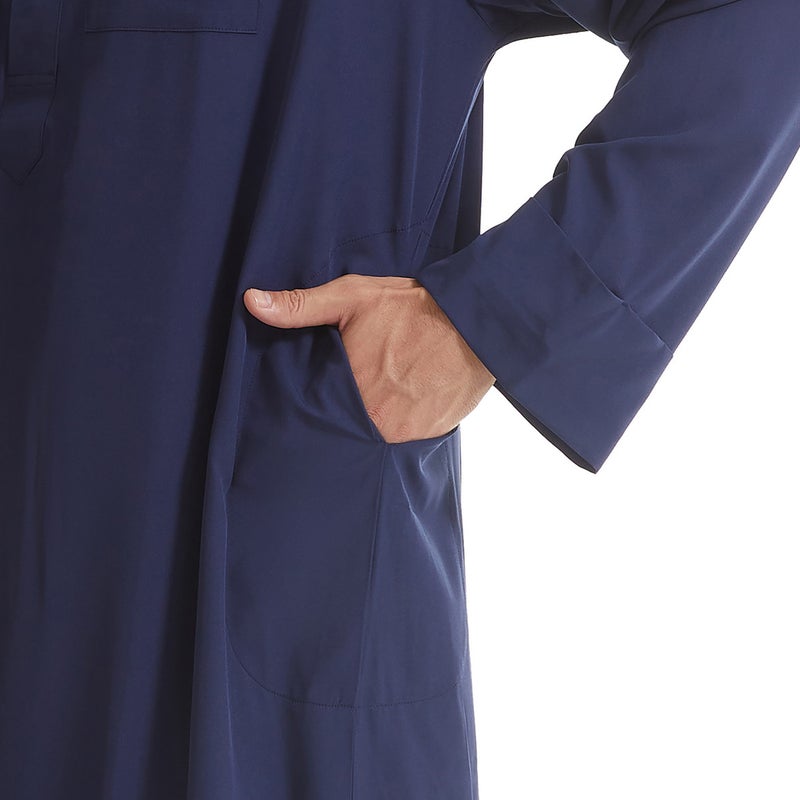 Men's Long Sleeve Stand Collar Ethnic Kurta with Patchwork Design, Lightweight Polyester Cotton Blend Pullover - Image 4