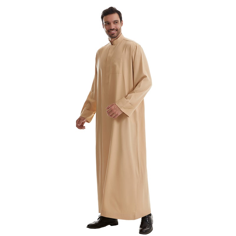 Men's Long Sleeve Stand Collar Ethnic Kurta with Patchwork Design, Lightweight Polyester Cotton Blend Pullover - Image 1
