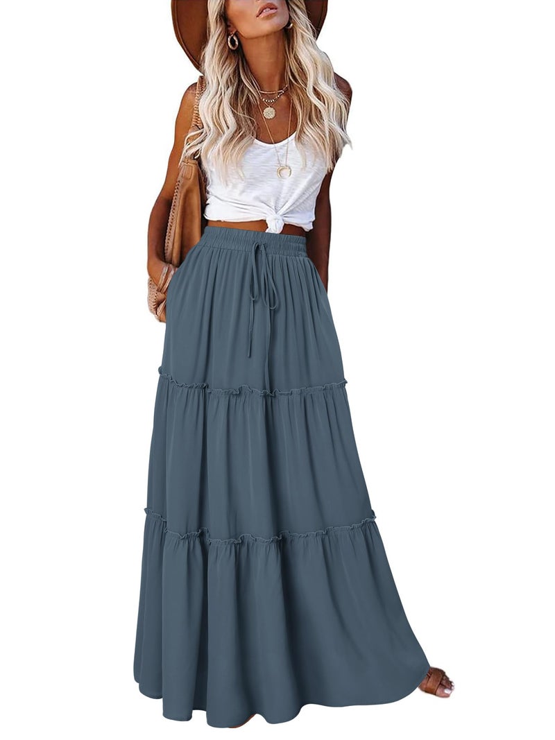 onlypuff Maxi Skirt for Women Boho Western Skirts High Waist Long Skirt with Pockets Fall Festival Outfits Clothing Grey Blue XL - Image 1