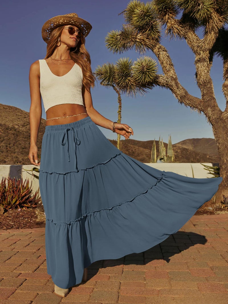 onlypuff Maxi Skirt for Women Boho Western Skirts High Waist Long Skirt with Pockets Fall Festival Outfits Clothing Grey Blue XL - Image 4