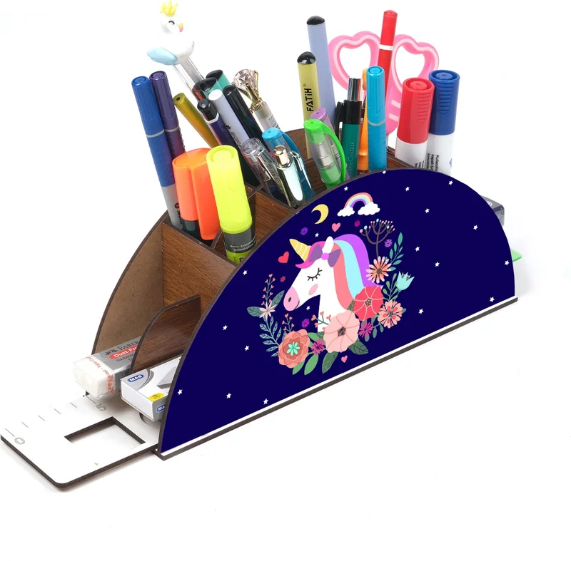 Notpa Wooden Night Unicorn Rainbow Ruler Desktop Pen Holder Box Organizer For Kids GK93