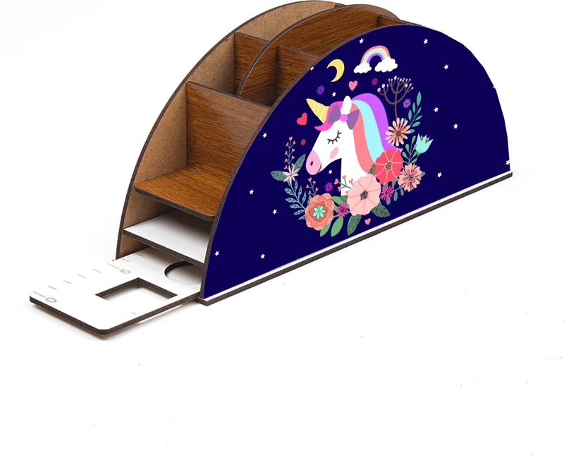Notpa Wooden Night Unicorn Rainbow Ruler Desktop Pen Holder Box Organizer For Kids GK93
