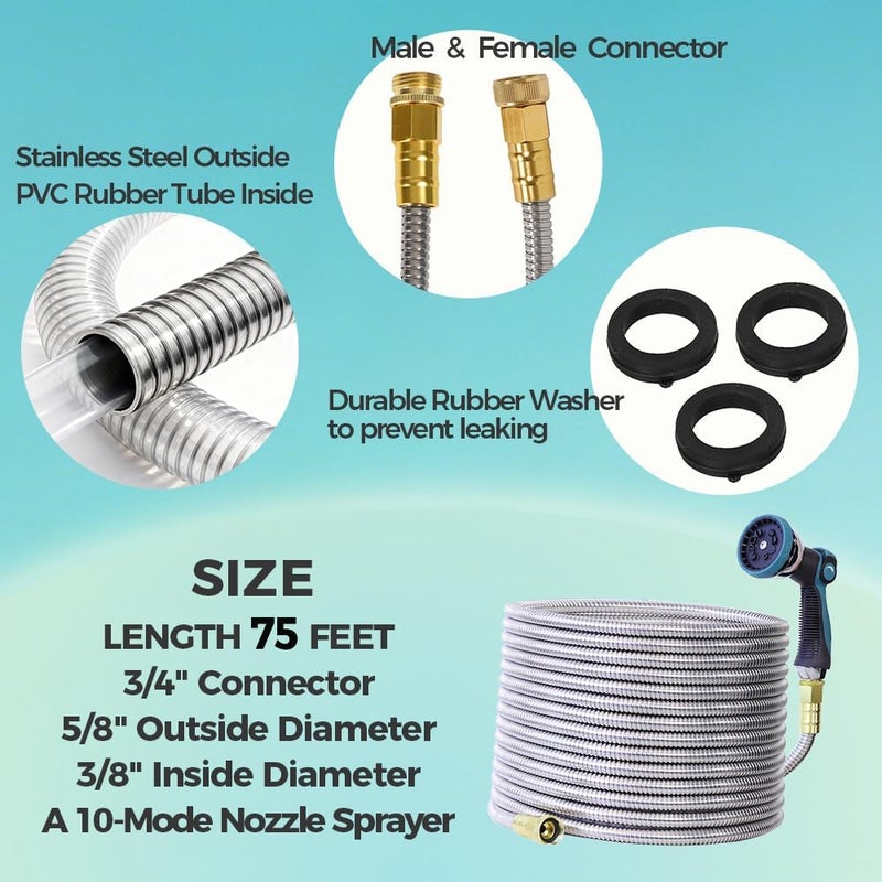 Numwot 75FT Garden Hose, 304 Stainless Steel Water Hose, Flexible with a 10-Mode Nozzle Sprayer, No Kink, Lightweight, Puncture Proof, Ideal for Yard, Lawn, Outdoor, 5/8'' Outside Diameter - Image 2