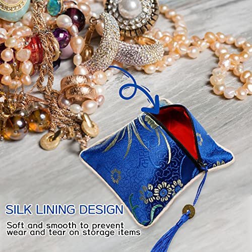 Onukaly 5PCS Jewelry Silk Purse Pouch, Chinese Silk Style Zipper Brocade Embroidered Bag for Women Coin Wallet (Deep Blue) - Image 4