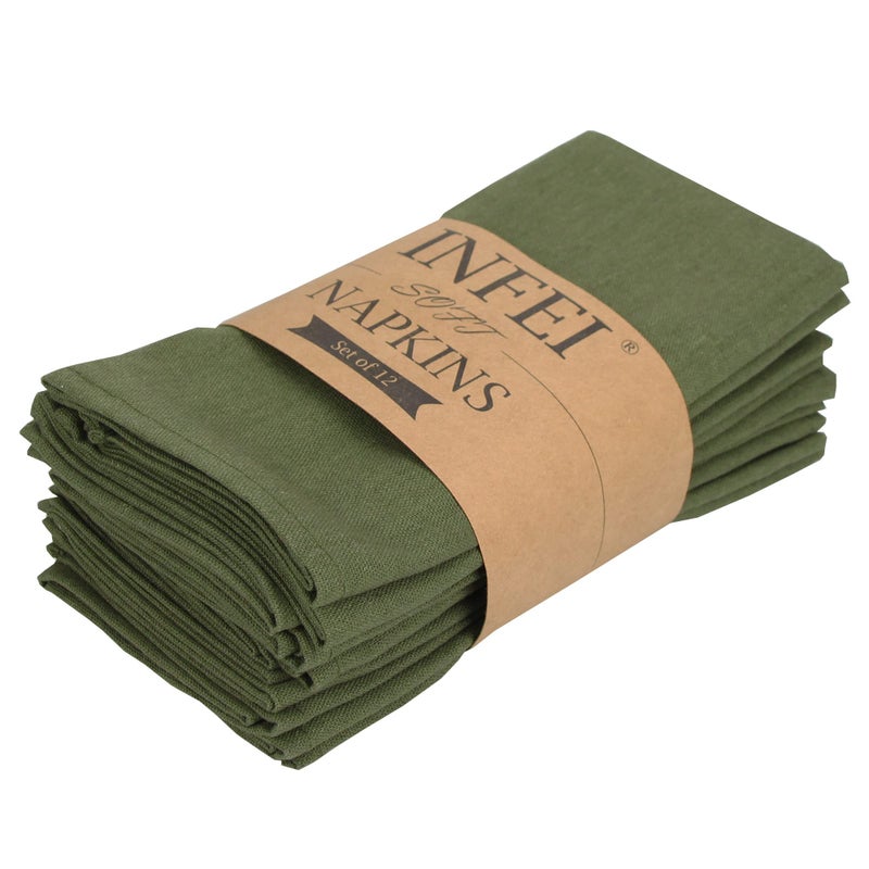 INFEI Solid Color Polyester Linen Blended Thin Dinner Napkins - Pack of 12 (40 x 40 cm) - for Events & Home Use (Army Green) - Image 1