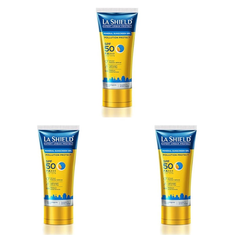 La Shield Pollution Protect SPF 50 Mineral Sunscreen Gel PA Lightweight Oil free Moisture boost formula Water resistant All Skin types Dermatologist Tested 50g Pack of 3 - Image 1