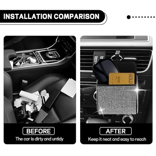 Hbxdeco Car Vent Storage Organizer, Rhinestone Auto Air Vent Leather Storage Pouch, Bling Automotive Hanging Bag Pocket Case, Universal Car Mount Cell Phone Sunglasses Coin Holder (White) - Image 5