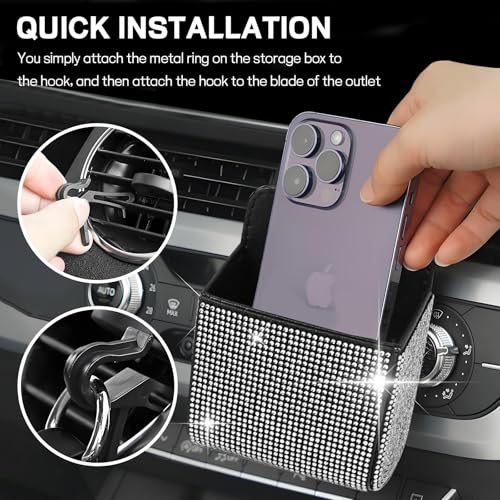 Hbxdeco Car Vent Storage Organizer, Rhinestone Auto Air Vent Leather Storage Pouch, Bling Automotive Hanging Bag Pocket Case, Universal Car Mount Cell Phone Sunglasses Coin Holder (White) - Image 4