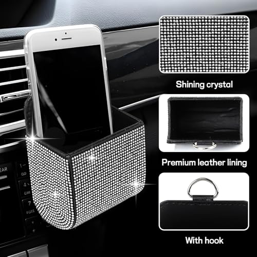 Hbxdeco Car Vent Storage Organizer, Rhinestone Auto Air Vent Leather Storage Pouch, Bling Automotive Hanging Bag Pocket Case, Universal Car Mount Cell Phone Sunglasses Coin Holder (White) - Image 3