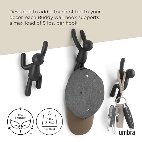 Umbra Buddy Wall Hooks – Decorative Wall Mounted Coat Hooks for Hanging Coats, Scarves, Bags, Purses, Backpacks, Towels and More, Set of 3, Black - Image 5
