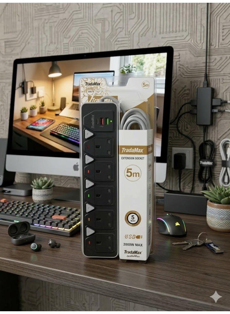 تراداماكس شريط تمديد الطاقة TradaMax بقوة 2000 واط، مزود بـ 5 منافذ، منفذي USB ومنفذ شحن سريع من النوع C، شديد التحمل بطول 5 أمتار - Image 2