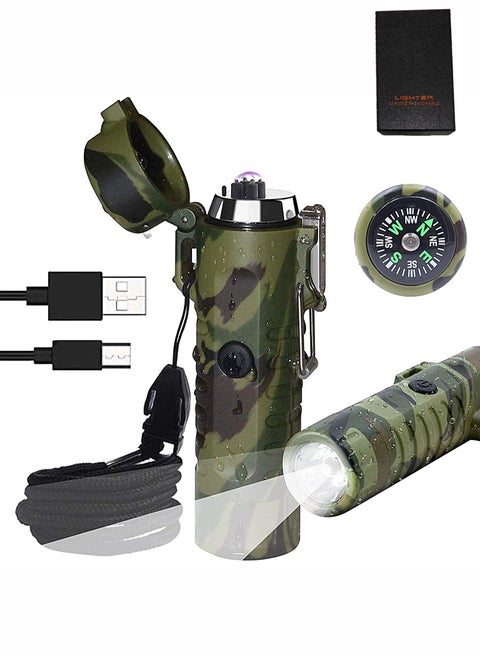 Lighter USB Type C Rechargeable Waterproof Windproof Flameless Lighter with Flashlight and Compass for Camping Hiking Tactical Gear (3-in-1/Camouflage)