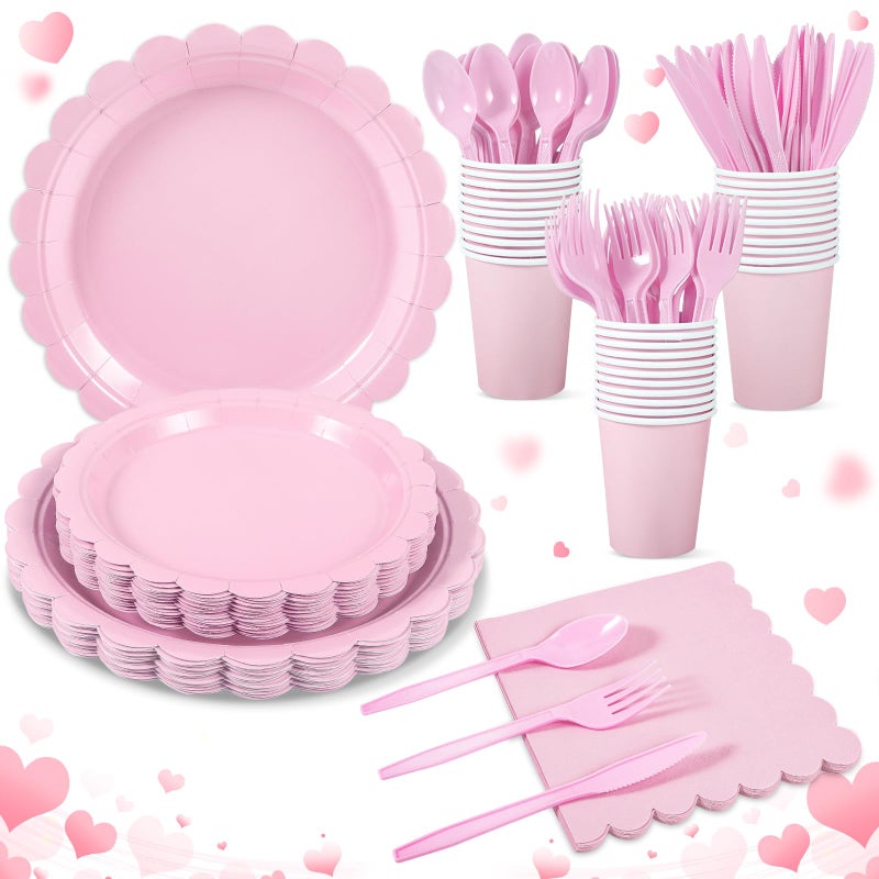 Xiangqu 175 Pcs Pink Paper Plates and Napkins  Valentines Plates Light Pink Party Supplies Include Pink Scalloped Plates Napkins Cups Plastic Spoons Forks Knives for Baby Shower  Wedding  Birthday - Image 1