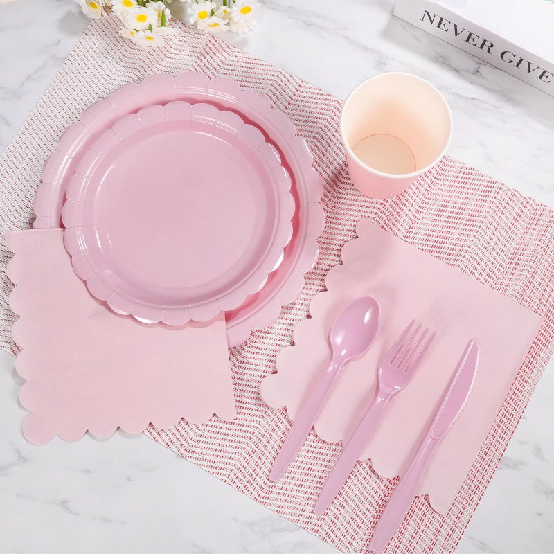 Xiangqu 175 Pcs Pink Paper Plates and Napkins  Valentines Plates Light Pink Party Supplies Include Pink Scalloped Plates Napkins Cups Plastic Spoons Forks Knives for Baby Shower  Wedding  Birthday - Image 4