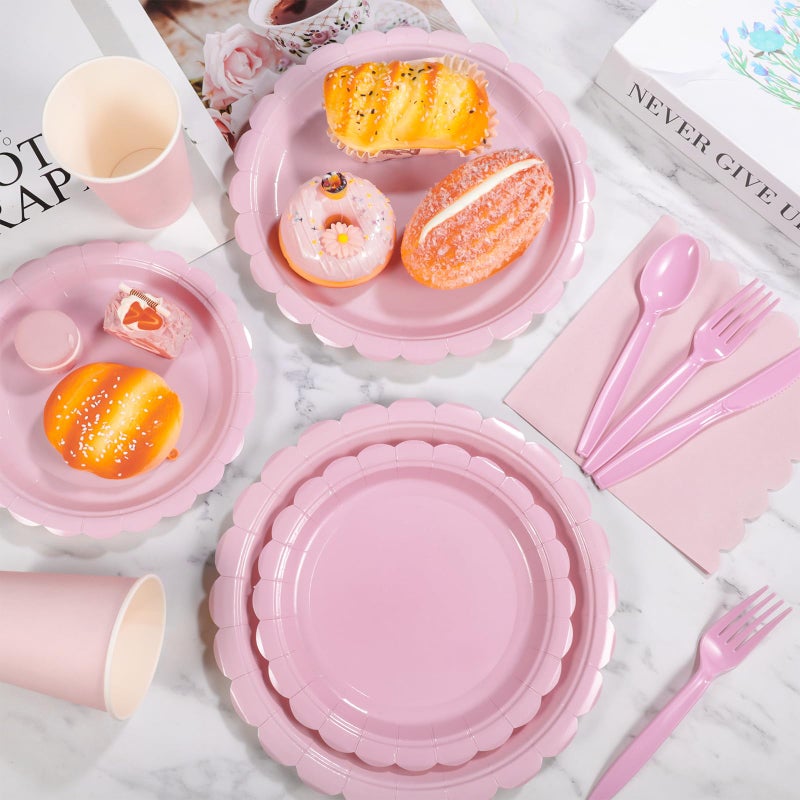 Xiangqu 175 Pcs Pink Paper Plates and Napkins  Valentines Plates Light Pink Party Supplies Include Pink Scalloped Plates Napkins Cups Plastic Spoons Forks Knives for Baby Shower  Wedding  Birthday - Image 5