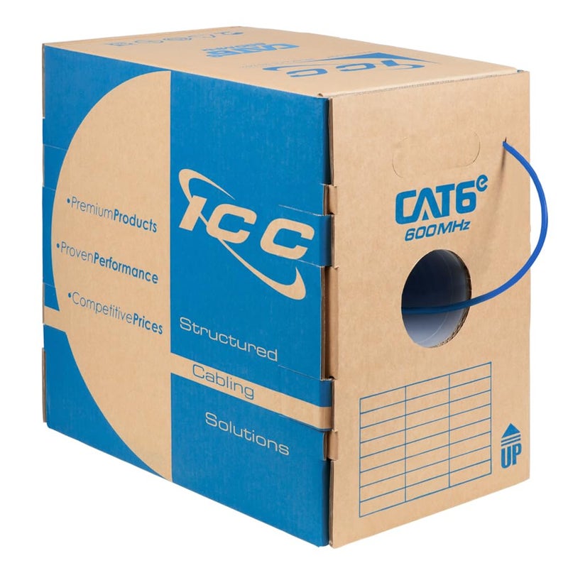 ICC Cat6e CMR Riser 1000ft UTP 23AWG 100 Solid Pure Copper Unshielded Bulk Ethernet Cable PoE 600MHz Reelex Pull Box UL Certified RoHS TAA and NEC Compliant Blue