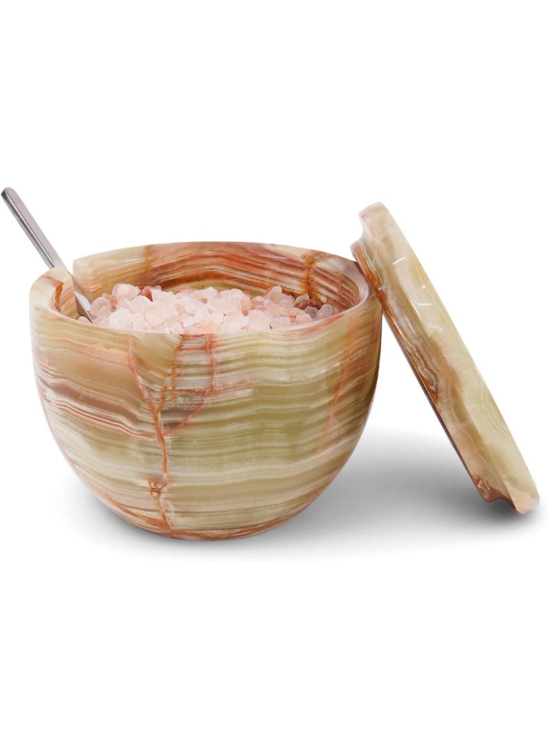 ام كي قبو ملح رخامي من العقيق الأخضر مع غطاء وملعقة | وعاء توابل وسكر مصنوع يدويًا، سعة 4.7 أونصة، مناسب للطاولة - Image 1