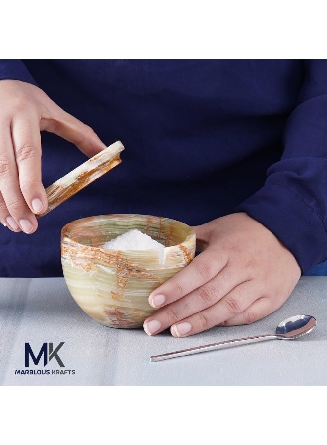 ام كي قبو ملح رخامي من العقيق الأخضر مع غطاء وملعقة | وعاء توابل وسكر مصنوع يدويًا، سعة 4.7 أونصة، مناسب للطاولة - Image 2