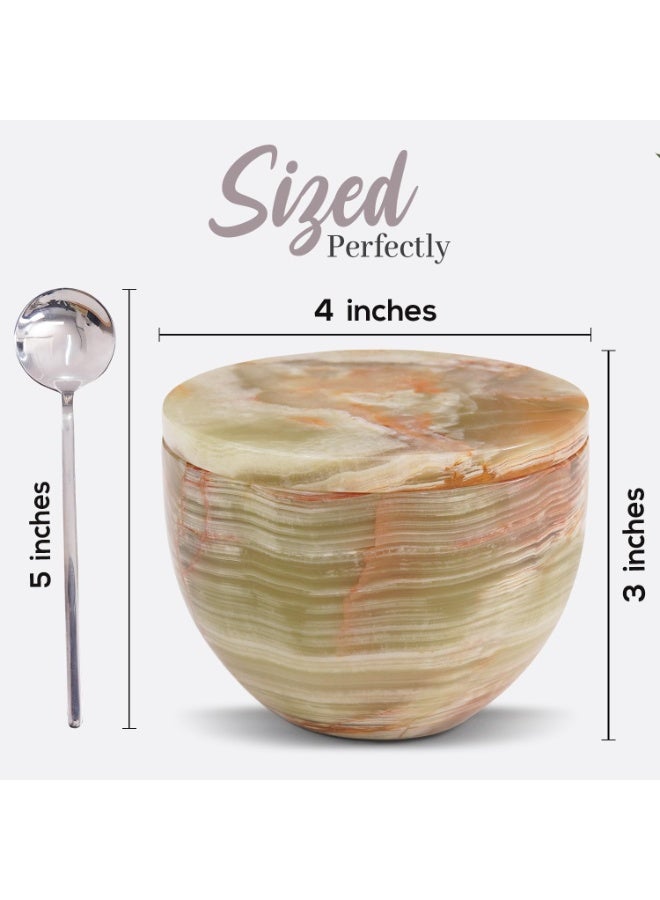 ام كي قبو ملح رخامي من العقيق الأخضر مع غطاء وملعقة | وعاء توابل وسكر مصنوع يدويًا، سعة 4.7 أونصة، مناسب للطاولة - Image 3