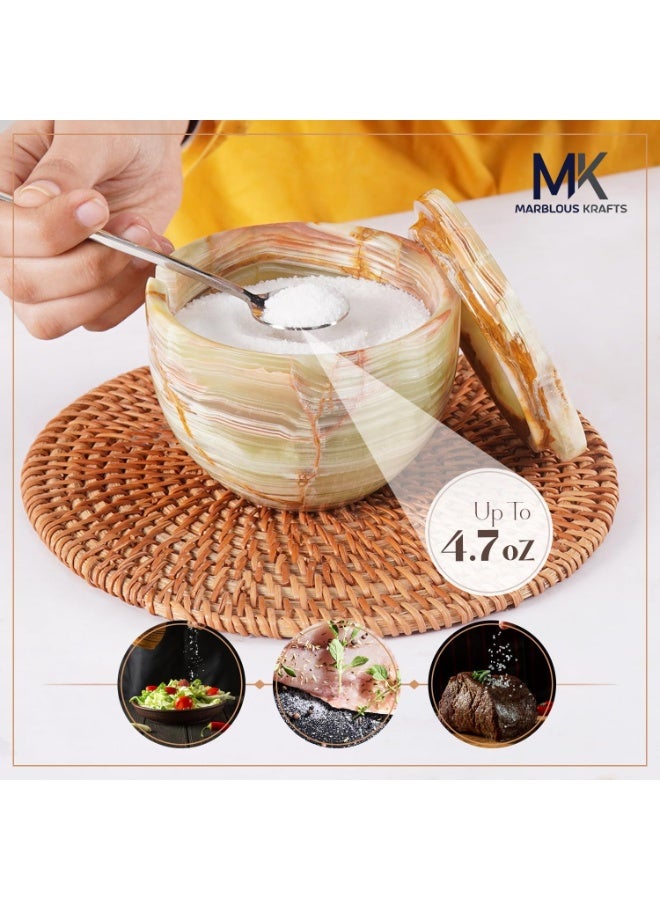 ام كي قبو ملح رخامي من العقيق الأخضر مع غطاء وملعقة | وعاء توابل وسكر مصنوع يدويًا، سعة 4.7 أونصة، مناسب للطاولة - Image 4