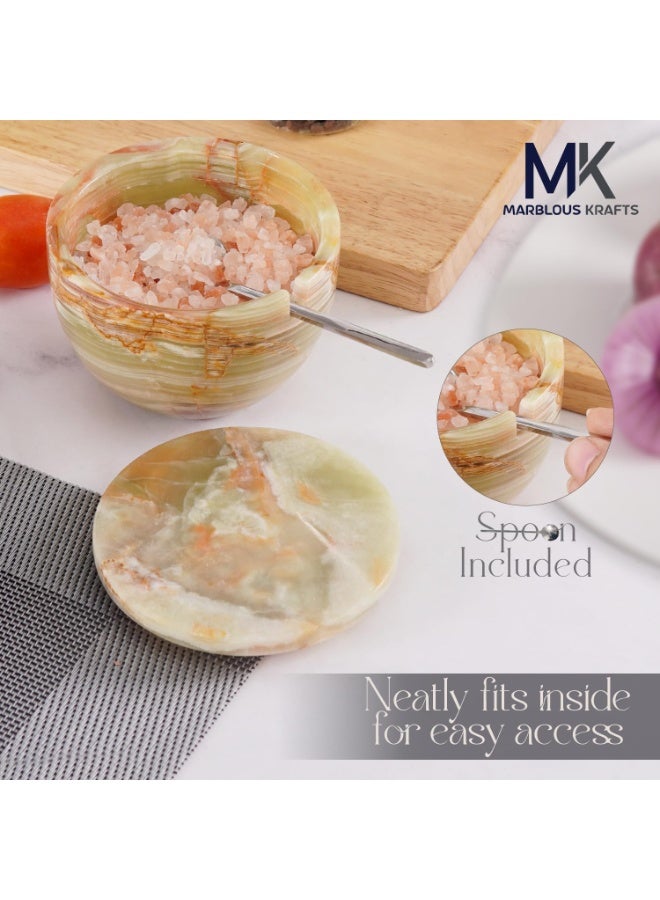 ام كي قبو ملح رخامي من العقيق الأخضر مع غطاء وملعقة | وعاء توابل وسكر مصنوع يدويًا، سعة 4.7 أونصة، مناسب للطاولة - Image 5