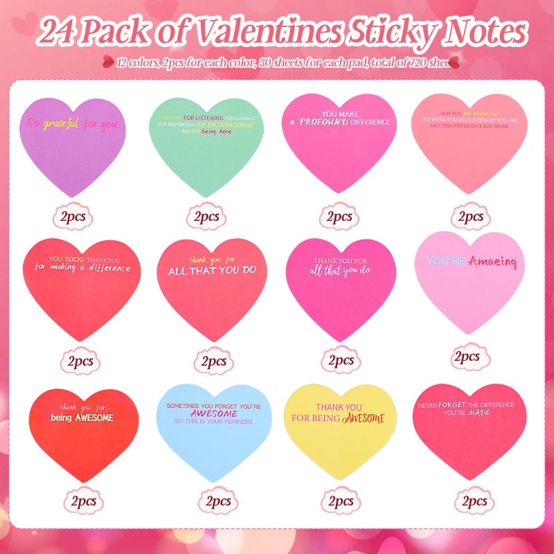 LOKIPA 24 Pack Valentine's Day Sticky Notes, 720 Sheets Heart Shape Inspirational Sticky Notes Colorful Self-Stick Note Pads for Valentines Day Gifts Home School Office Supplies (2.95 x 2.95 Inch) - Image 2