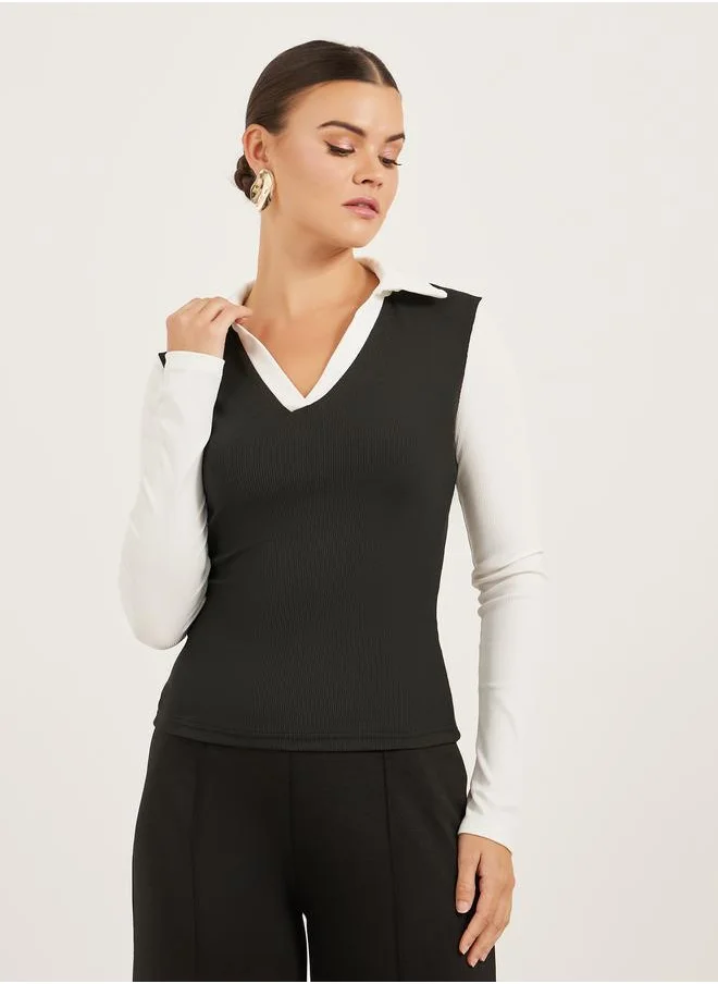 تايك تو Take Two Color Block Long Sleeve Collared T-Shirt