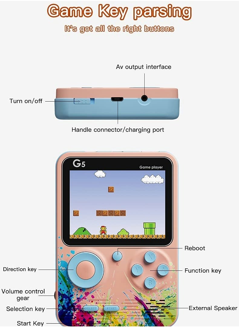 SYOSI - G5 Retro 3 inch Handheld Game Console Built-in 500 Classical FC Games Support for Connecting TV & Two Players (Blue) - Image 1