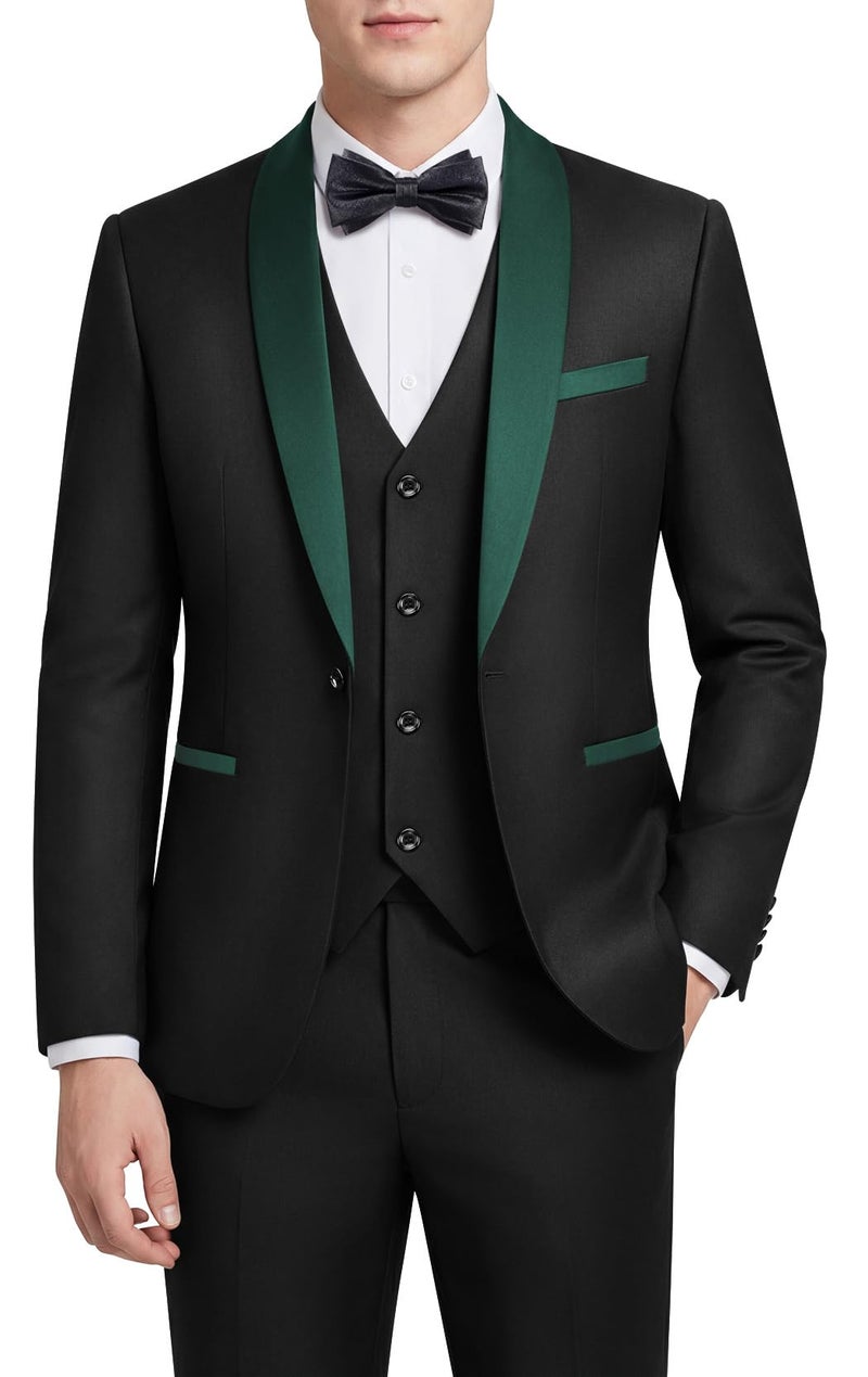 WEEN CHARM Mens Suit Slim Fit Tuxedo 3 Piece One Button Shawl Lapel Blazer Jacket Vest Pants Set for Prom Party Black Green - Image 2