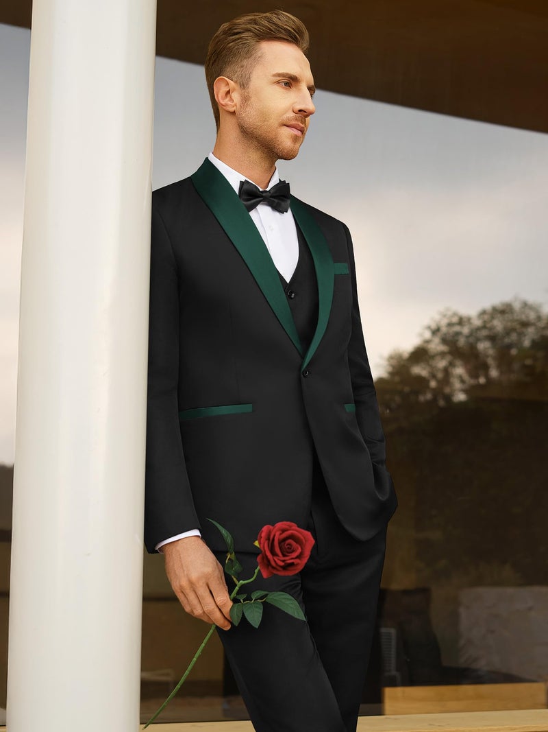 WEEN CHARM Mens Suit Slim Fit Tuxedo 3 Piece One Button Shawl Lapel Blazer Jacket Vest Pants Set for Prom Party Black Green - Image 4