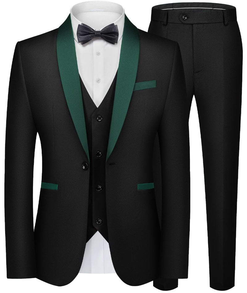 WEEN CHARM Mens Suit Slim Fit Tuxedo 3 Piece One Button Shawl Lapel Blazer Jacket Vest Pants Set for Prom Party Black Green - Image 1