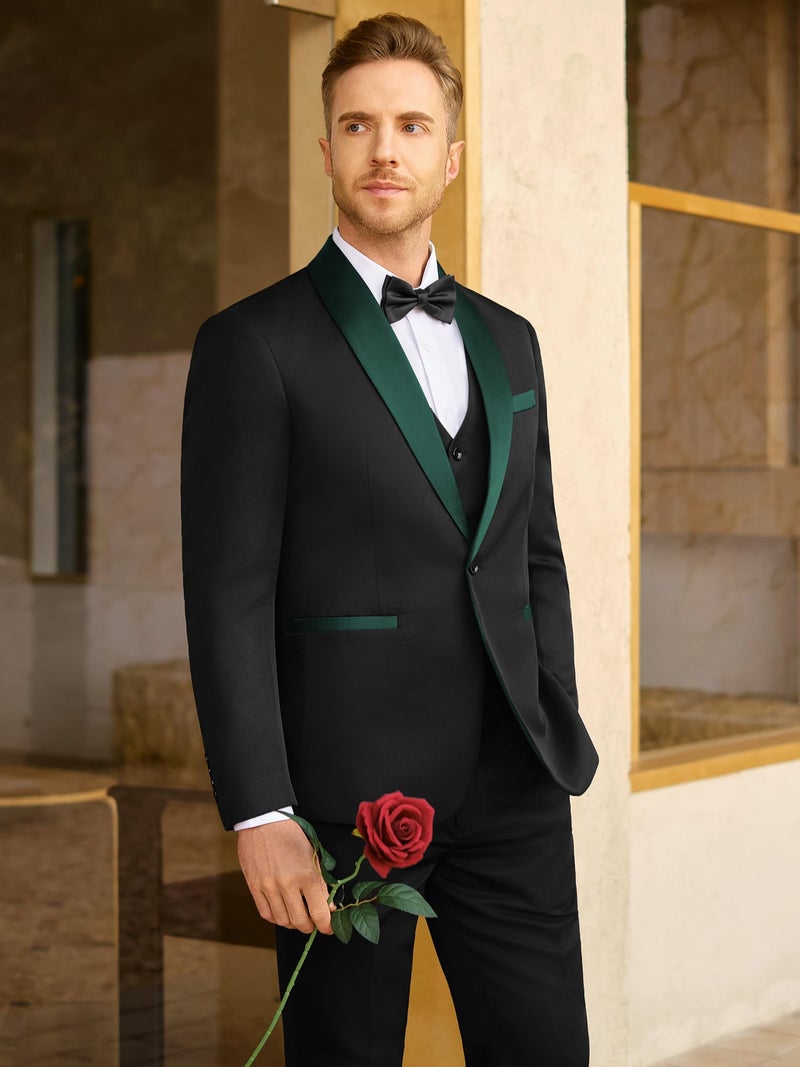 WEEN CHARM Mens Suit Slim Fit Tuxedo 3 Piece One Button Shawl Lapel Blazer Jacket Vest Pants Set for Prom Party Black Green - Image 3
