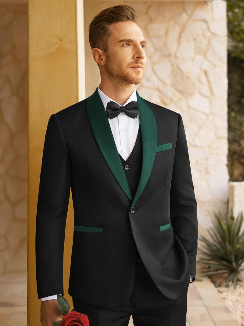 WEEN CHARM Mens Suit Slim Fit Tuxedo 3 Piece One Button Shawl Lapel Blazer Jacket Vest Pants Set for Prom Party Black Green - Image 5
