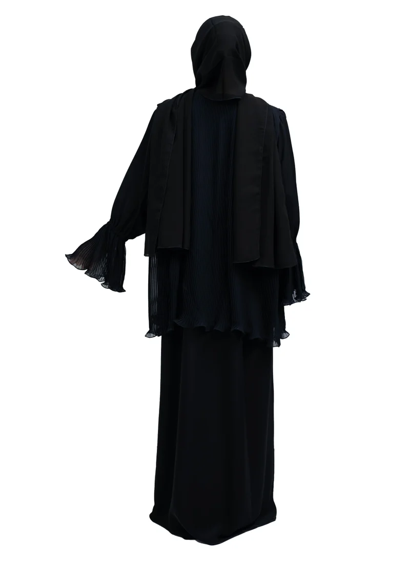 NUKHBAA Classy Black Nida and Chiffon 2-Piece Skirt Top Set with Frill Sleeves detail and Matching Hijab-636
