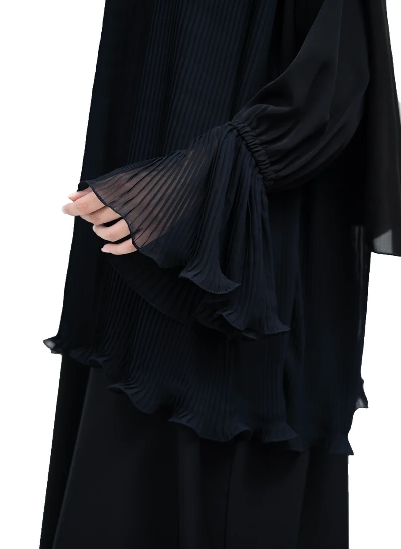 NUKHBAA Classy Black Nida and Chiffon 2-Piece Skirt Top Set with Frill Sleeves detail and Matching Hijab-636
