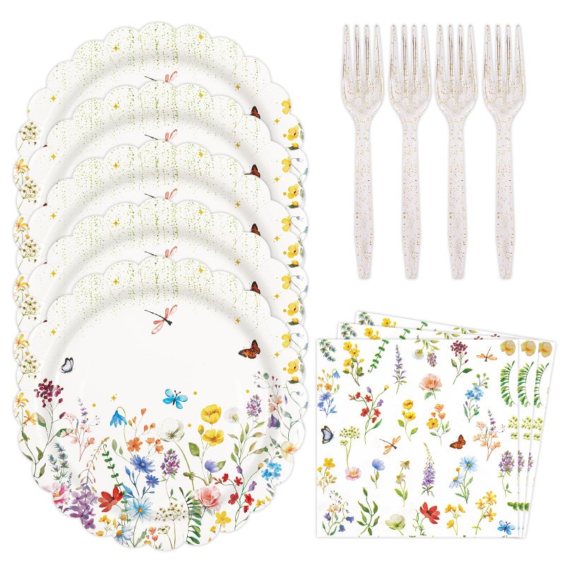 BOKFJBP 48PCS Wildflower Plates and Napkins Party Supplies, Disposable Scalloped Paper Plates Cocktail Napkins Forks Tableware Set for Birthday Wedding Baby Shower Picnic Tea Garden Party Decor 16 Guests - Image 1