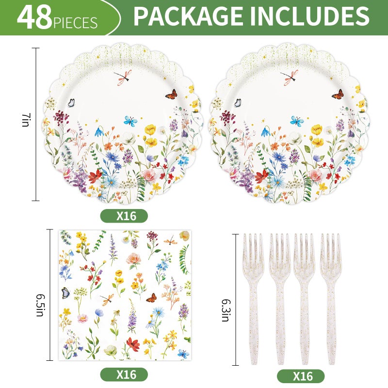 BOKFJBP 48PCS Wildflower Plates and Napkins Party Supplies, Disposable Scalloped Paper Plates Cocktail Napkins Forks Tableware Set for Birthday Wedding Baby Shower Picnic Tea Garden Party Decor 16 Guests - Image 2